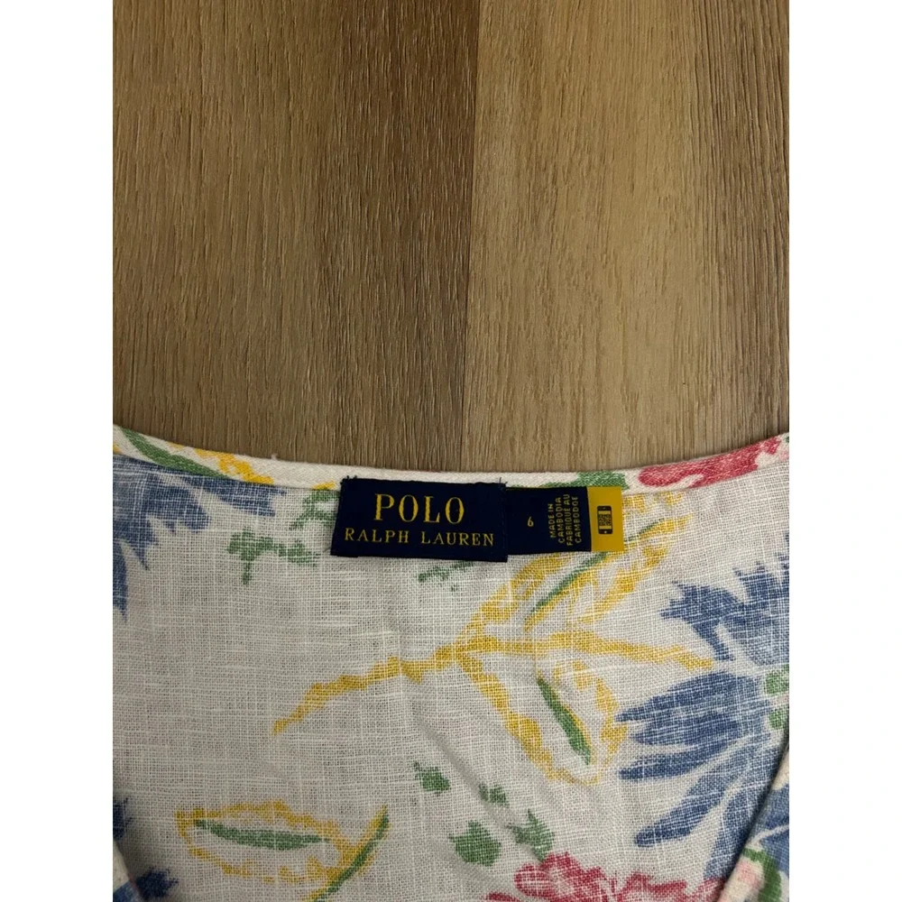 Polo Ralph Lauren Floral Linen Button Front Puff Sleeve Dress White Blue 6 - Picture 5 of 8